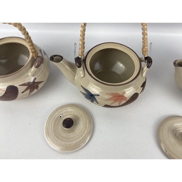 Three Japanese‎ Single Serve Tea Sets Teapot Bowl/Cup Plate Stoneware Rattan - Picture 9 of 11